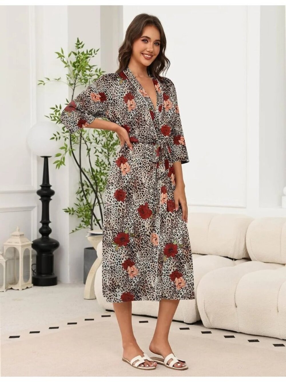 Ekouaer Leopard Floral Print Soft Robe w/Tie Pockets Size L Cozy Lounge Casual